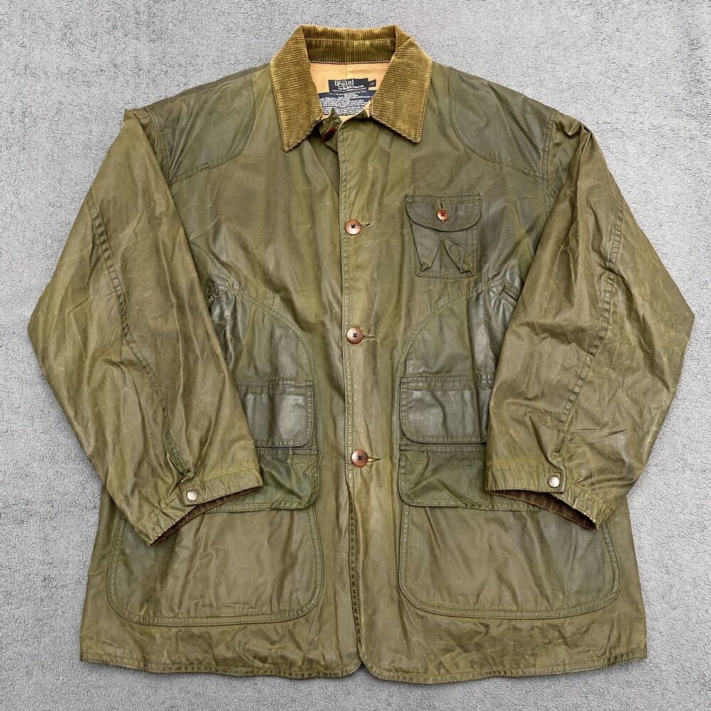 Vintage Polo Ralph Lauren Mens Large Waxed Cotton Hunting Chore Jacket Green USA